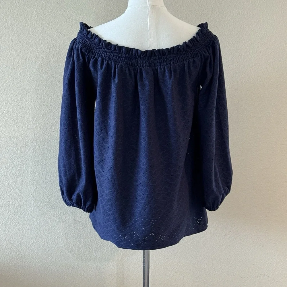 Michael Kors Off Shoulder Eyelet Smocked Navy Peasant Blouse Women's Small